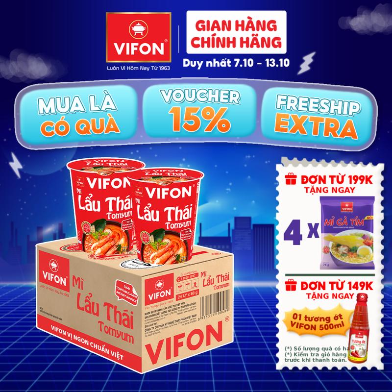 [VOUCHER HOT 15%] Thùng 24 ly Mì Ly Lẩu Thái Tomyum/ Lẩu Thái Tôm/ Bò/ Gà/ Kim Chi VIFON 60g / Ly