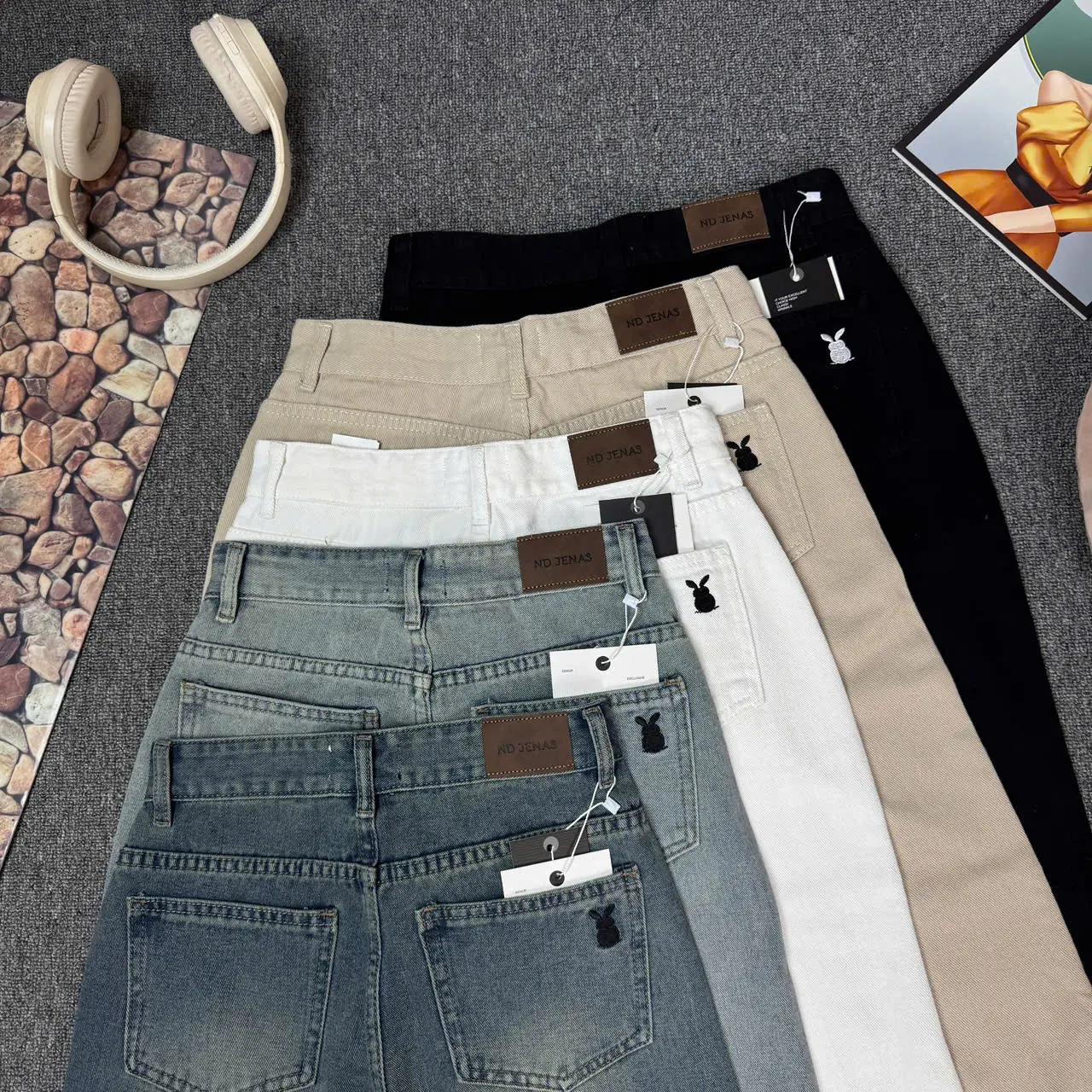 (ND Jean) Quần Jean Kaki Nữ Ống Suông Thêu Thỏ Lưng Cao - Dài 96-103CM -  5 Màu – Form Suông, Vải Không Giãn, Dễ Mặc | BigBuy360 - bigbuy360.vn