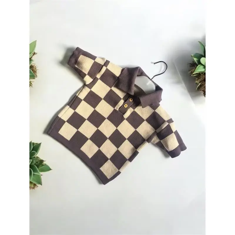 Polo Rajut Motif Kotak Atasan tangan pendek Sweater Premium Unisex Pakaian Anak Cowo Cewe Baju Fashion 7
