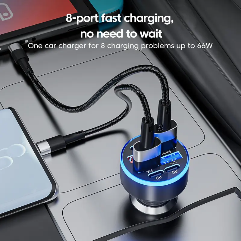 Bộ sạc ô tô sạc nhanh, 100W, 8 cổng, Bộ sạc ô tô, 4 cổng USB và 4 cổng Type C, Bộ Chuyển Đổi bộ sạc ô tô siêu nhanh, Tương thích với iPhone 16 / 15 Pro Max Plus và Samsung Galaxy S24 Phụ Kiện 2