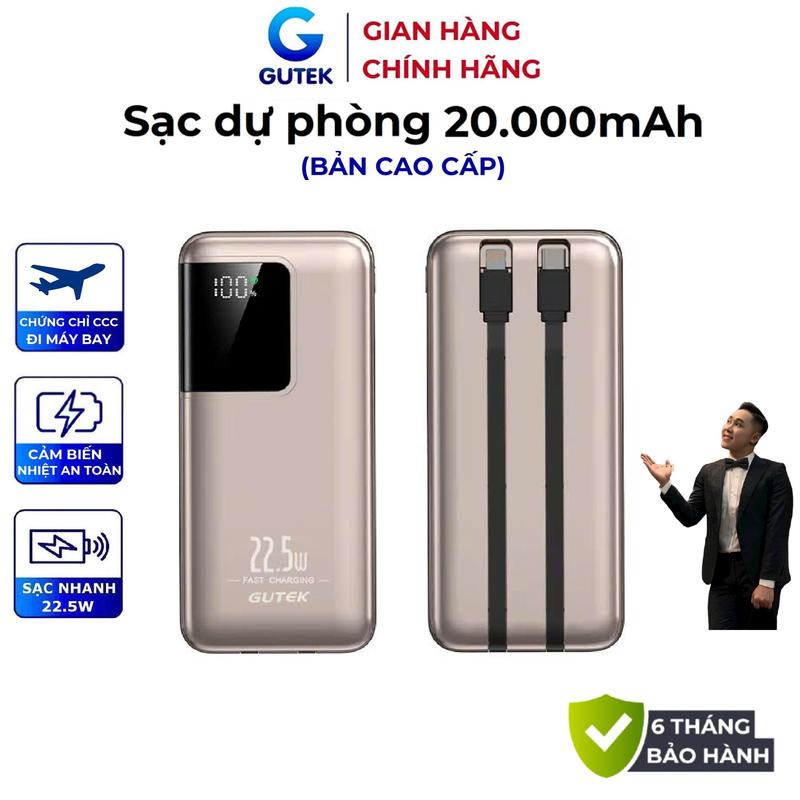 [DEAL 9K] Pin sạc dự phòng Gutek GT091 dung lượng 30000mAh sạc nhanh PD20W, tích hợp dây cáp