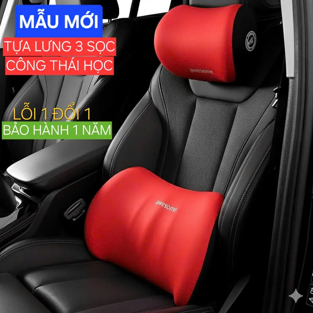 [ MẪU MỚI-CÔNG THÁI HỌC ] GỐI TỰA Ô TÔ LÕI CAO SU NON VỎ VẢI CO GIÃN THOÁNG KHÍ, Gối tựa đầu và lưng xe ô tô hỗ trợ giảm đau lưng cổ vai gáy khi lái xe, Gối tựa ghế văn phòng