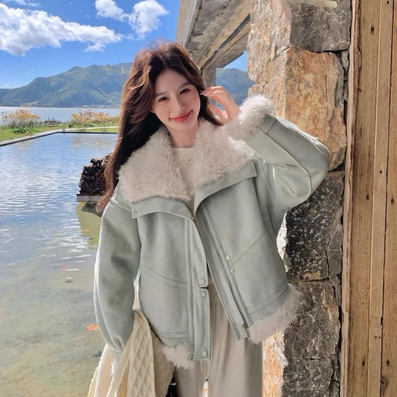 Áo Khoác Da Lộn Trần Lông Xanh Hàng Hàng Châu Cao Cấp Top Nữ Mùa Thu Đông Chất Liệu Mềm Mại Màu Xanh Tươi Sáng Phù Hợp Nhiều Dịp