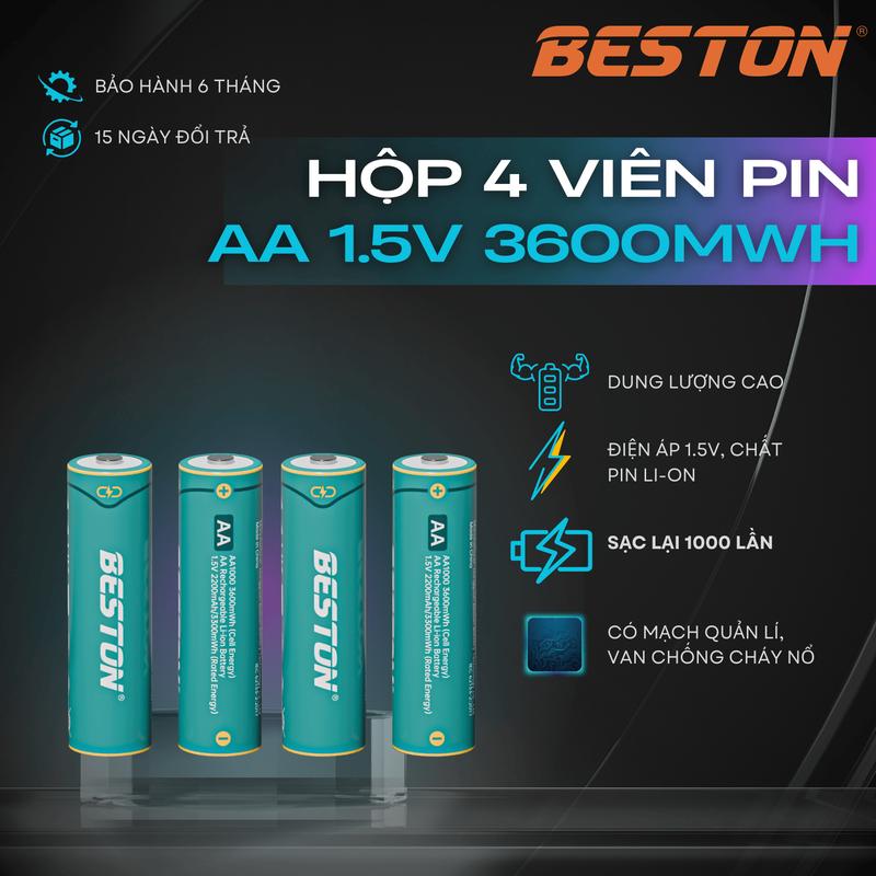  BESTON Hộp 4 Pin sạc 2A 1.5V Lithium AA 3600mAh Hộp Sạc M7036 AA 1.5V pin đồ chơi pin máy ảnh 4 Viên AA 1.5V 3.600mWh Sạc 1000 Lần Dung Lượng Cao Chip Quản Lý 