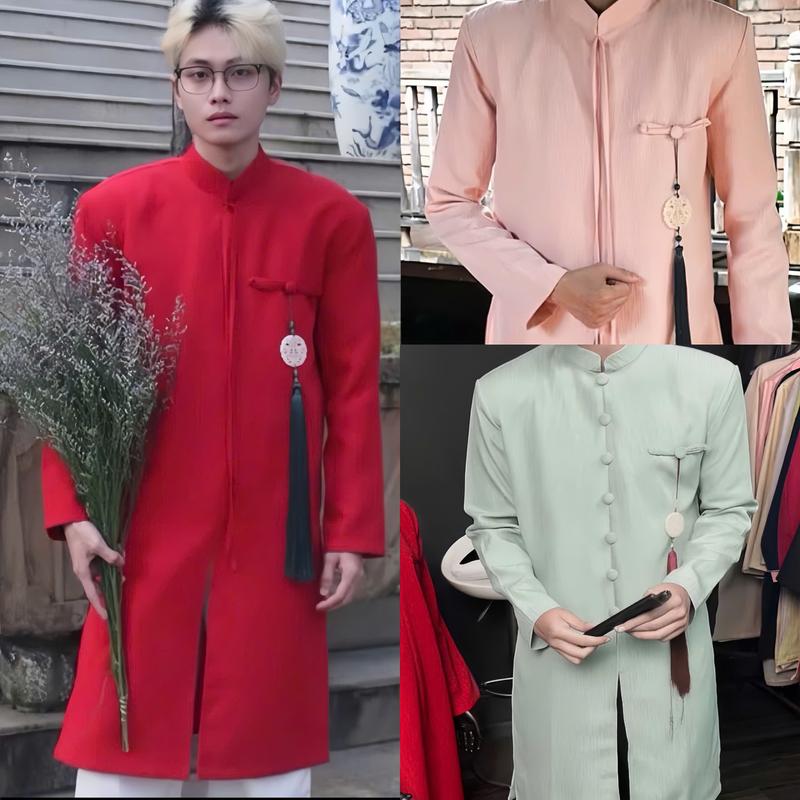 DEAL MỞ BÁN Tặng Kèm Ngọc Bội 2026 Áo Dài Nam Cách Tân Áo Dài Tết Chất vải Gấm Dệt Vân Gỗ Menswear Kem