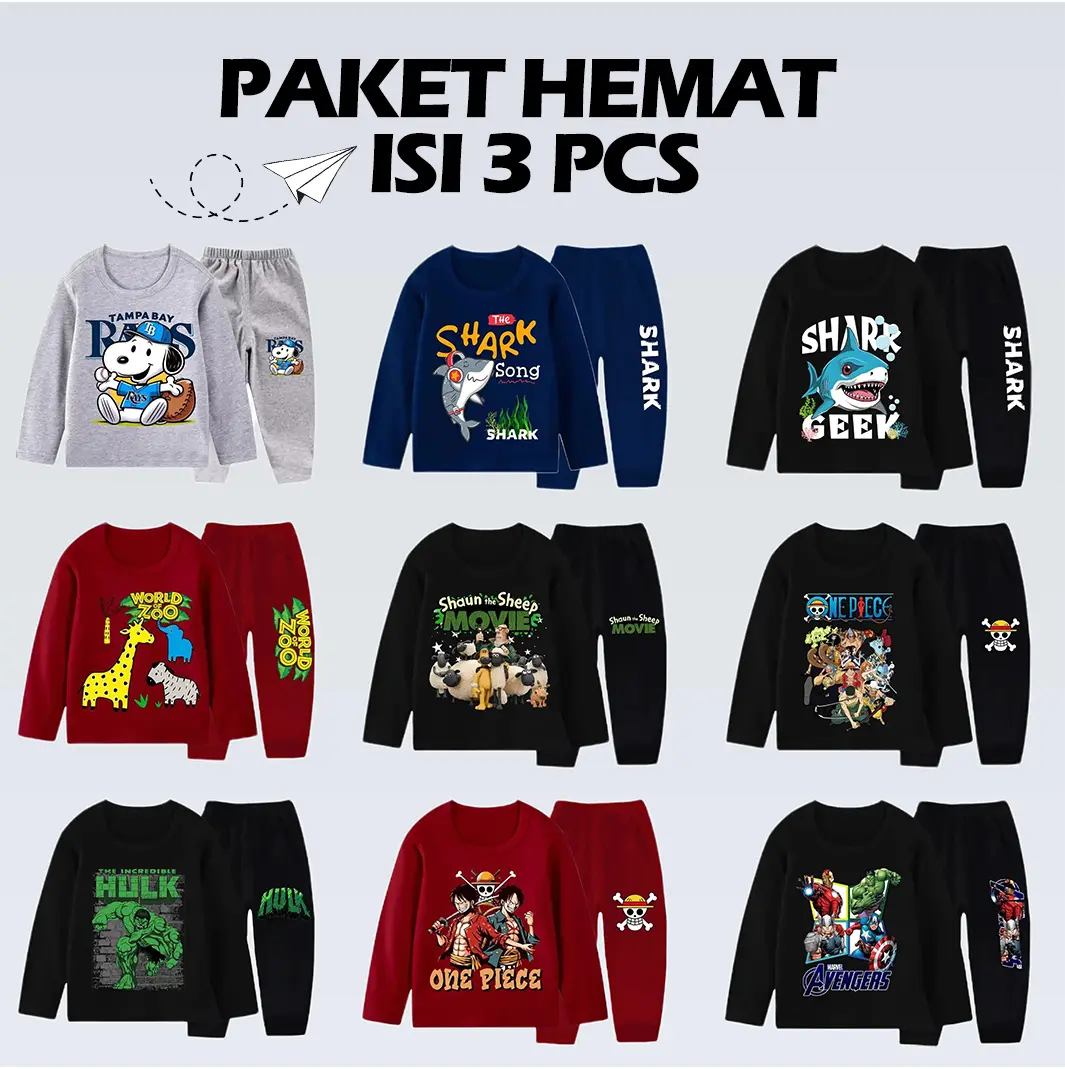 Paket 3 Setelan Baju Piyama Lengan Panjang Celana Panjang Anak Laki Laki Size 3 Tahun - 10 Tahun Fashion Anak