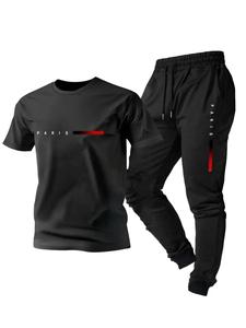 Men's Letter Print Shortsleeve Tee & Drawstring Waist Pants Set, Regular Fit Round Neck Short Sleeve T-Shirt & Pocket Trousers, Casual Top & Bottoms for Summer Outdoor, Outfit Clothes