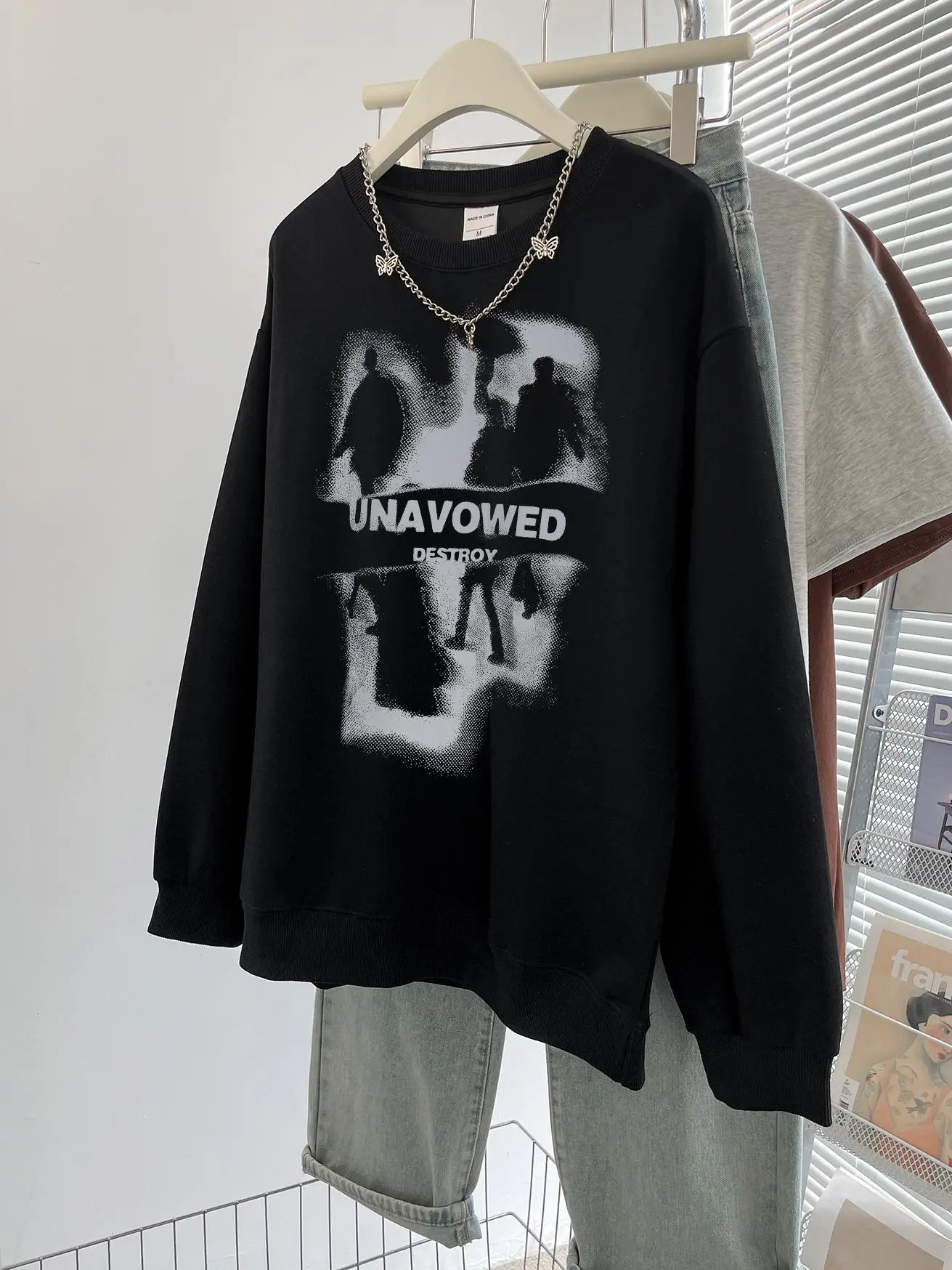 A1197 Hoodie wanita sweater hoodie leher bulat wanita /Cetakan berongga retro Amerika/ sweater gaya kebesaran kasual modis  crewneck cewek aesthetic