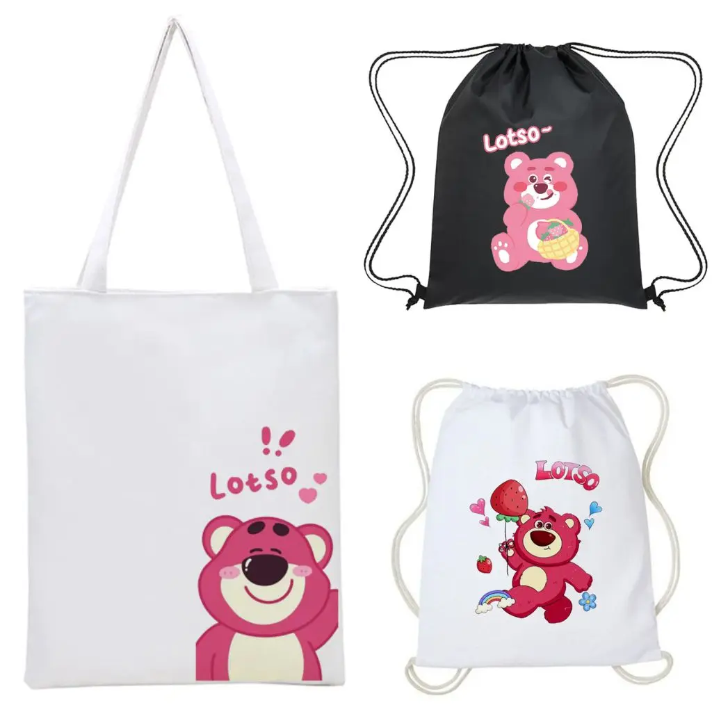 Tas Serut Totebag Lotso Pink Strawberry Bear Lucu String Bag Toy Story Kanvas Wanita Goodie Bag Ulang Tahun Anak Aesthetic