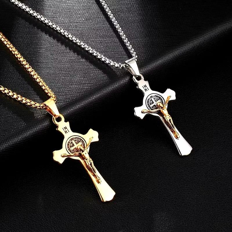 Kalung Salib Katolik St Santo Benediktus Titanium Kalung Doa Perlindungan Kedamaian Aksesoris Elegan 1