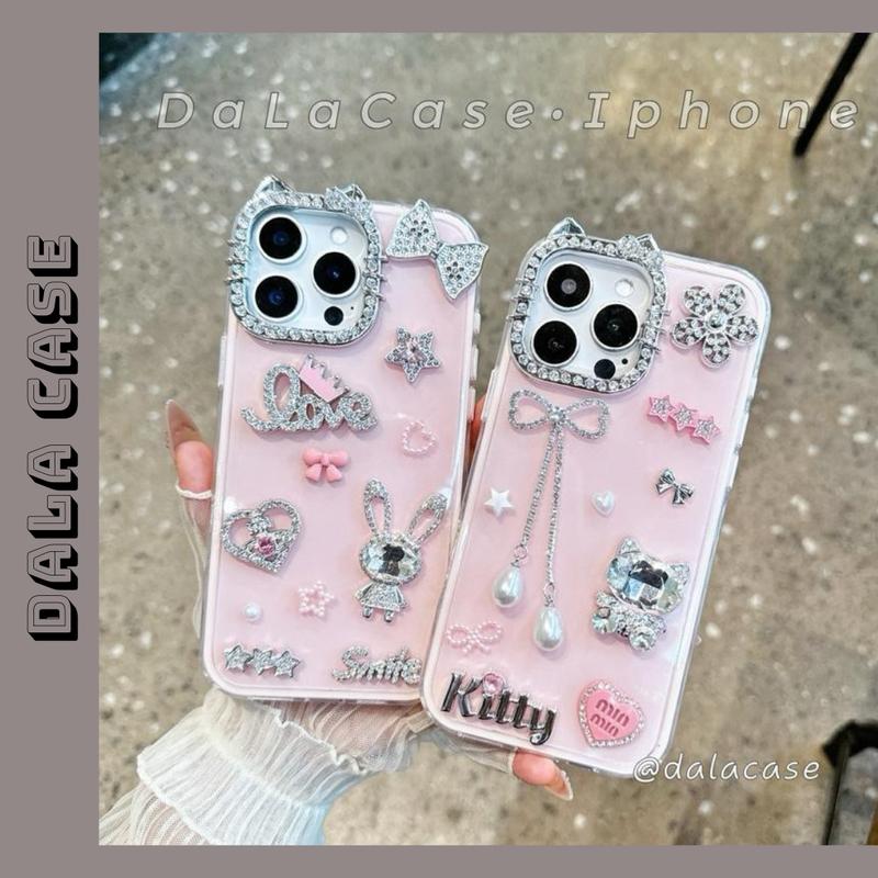Ốp Lưng Nhũ 2 Lớp Hồng Kem Camera Kitty Charm Thỏ Đá Love Và Kitty Đá