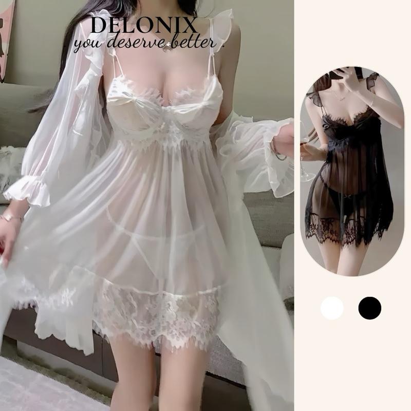 V013 Váy ngủ voan phối ren 2 dây đính nơ nâng ngực tiểu thư sang chảnh sexy hot trend chuẩn hàng Quảng Châu Dress