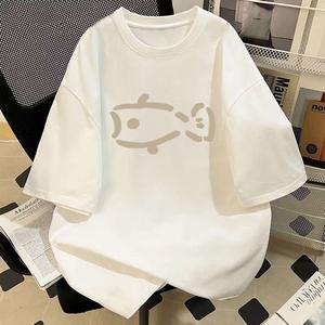 女性用半袖Tシャツ、シンプルライン小魚丸首、ゆったり、純綿カジュアルトップス、丸首、ショルダーベルト、ゆったりシルエット、通気性、肩落ちデザインプリントTシャツ夏のゆったりタイプ
