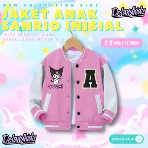 DELANDKIDS Jaket Baseball Varsity Anak Motif Kuromi Melody Cinamoroll Sanrio Usia 2-12 Tahun Bahan Fleece Lengan RIB Premium Inisial A-Z Stylish untuk Acara Casual & Formal