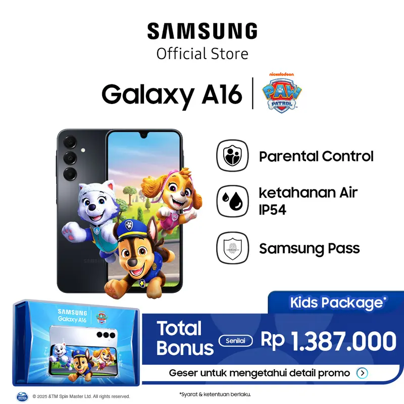 Samsung Galaxy A16 Kids Edition PAW Patrol [8/128] - [Color] | Parental Control | Termasuk Galaxy Smart Tag2, PAW Patrol Merchandise, Travel Adapter 25W, Clear Case 0