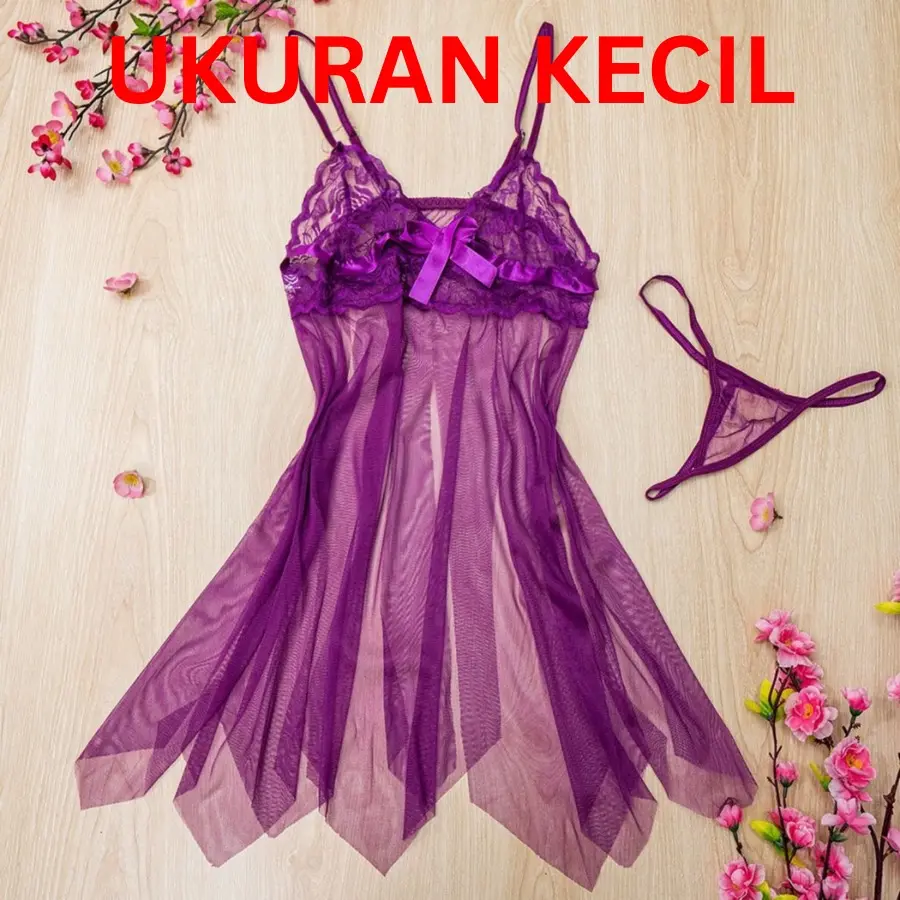 [BEST SELLER PAJAMA] UKURAN KECIL Lingerie Set + CD Wanita Transparan Lace Tidur Dress Poliester Set Lingerie 1086