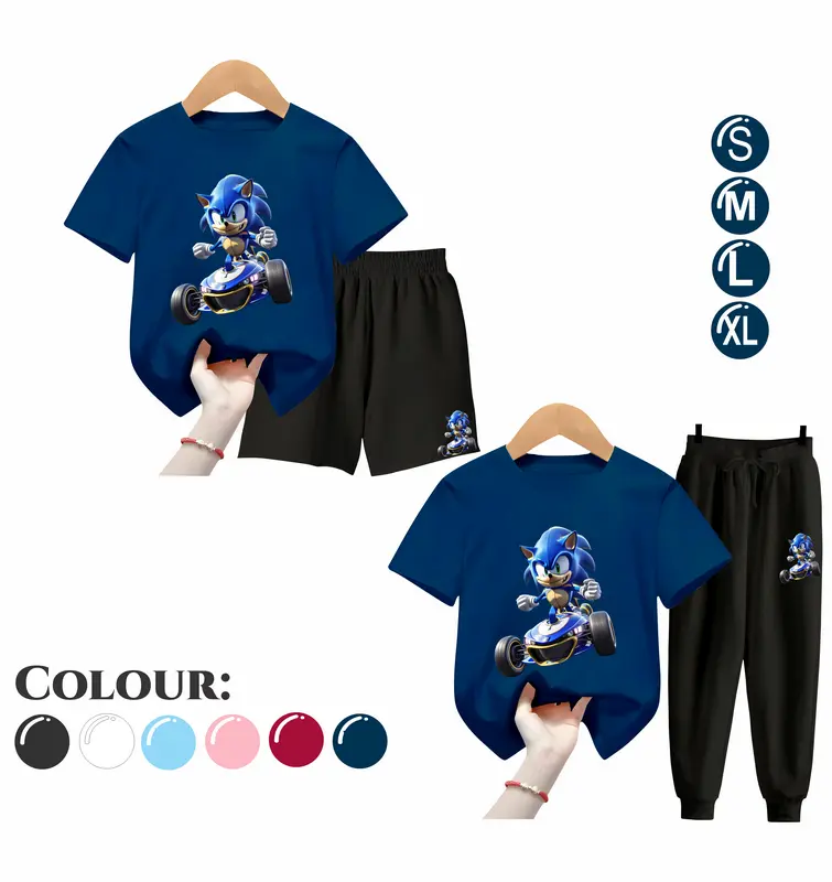 Baju Setelan Anak Laki Laki - Pakaian Kaos dan Celana Fashion Anak Cowok Usia 5-15 Tahun - Motif SONIC Putih 5