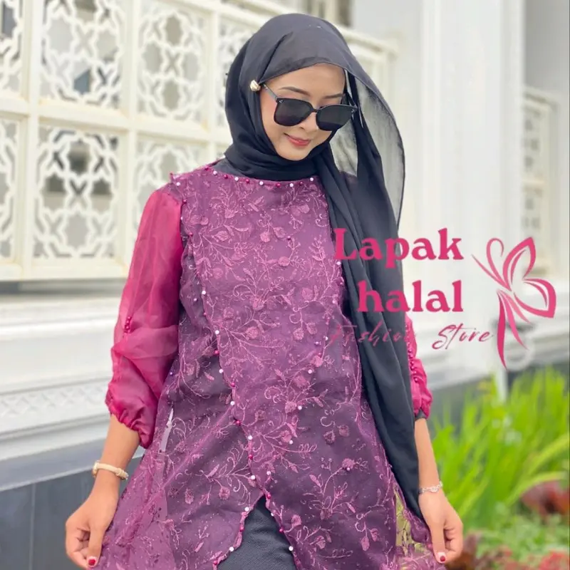 Baju Kondangan Wanita Outer Brokat Silang Mix Organza Lengan Balon Karet Full Payet Mutiara - Muslim Cantik 3