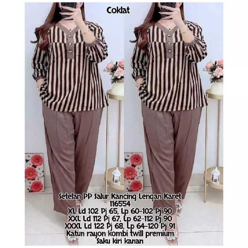 Setelan Motif Salur Jumbo LD 110 120 130CM XL XXL XXXL Bahan Katun Rayon Twill 116554 - Set Salur wanita - Lengan Panjang Karet - Celana 2