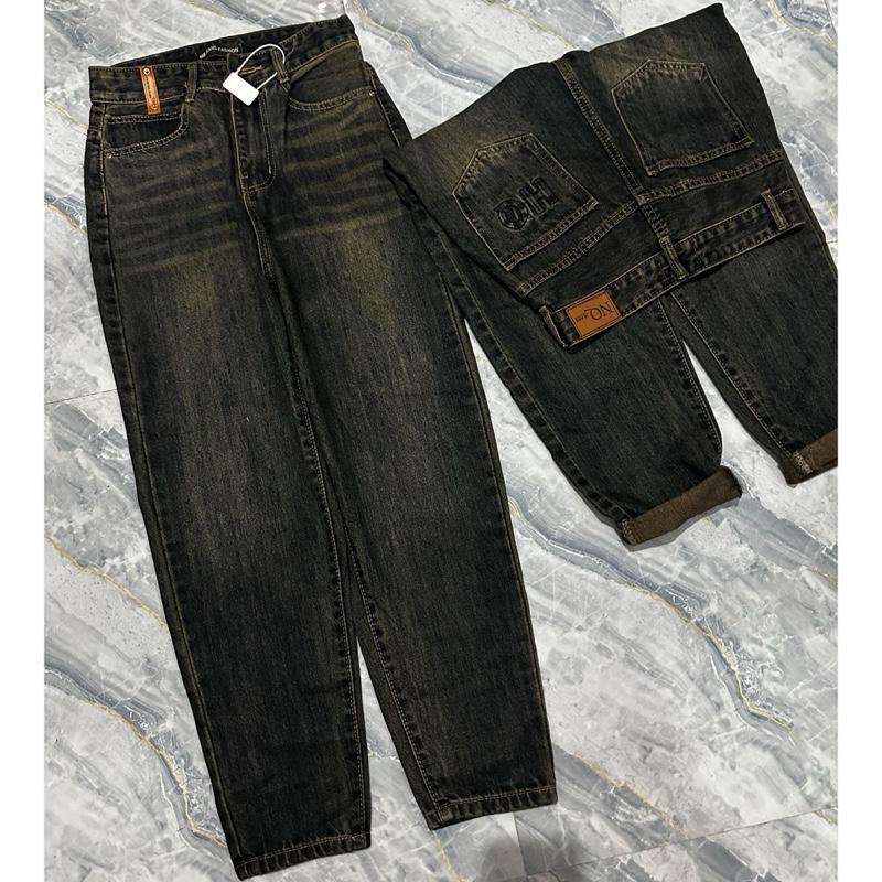   Mẫu mới   S-2XL   3064  Quần Jean Baggy Nữ Lưng Thường QC Màu Bụi Phối Da Thêu Túi Sau Pants Women 