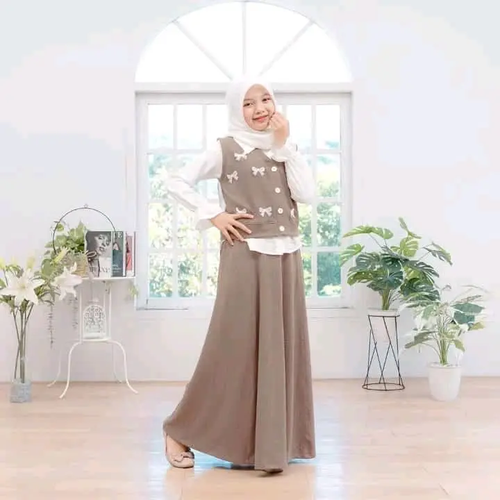 COD SETELAN ROK KNITT MIX POLO LINEN ANAK PEREMPUAN TANGGUNG SAKHIRA SET 3IN1 SIZE M-L  Fashion Wanita Muslim Atasan Pita Bordir 5