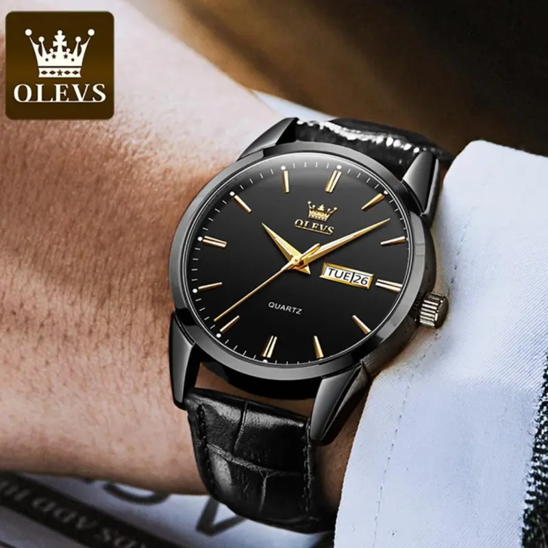 OLEVS Jam Tangan Pria Fashion Tali Kulit Original Anti Air Jam Tangan Cowok Simple Fashion Kuarsa Penunjuk Kalender Bercahaya Tahan Air Analog Men Watch Hitam Putih Biru Cod 0