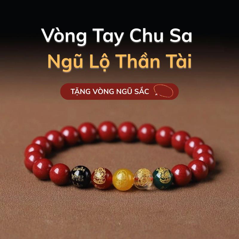 Tặng Vòng Ngũ Sắc + Rùa Vàng Vòng Tay Chu Sa Ngũ Lộ Thần Tài Size Nam Nữ Kèm Túi Gấm Đựng