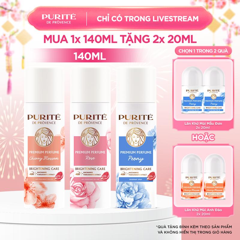 Xịt Khử Mùi Dưỡng Sáng Hương Nước Hoa Cao Cấp Purité 140ML + Tặng 2 Lăn Khử Mùi Dưỡng Sáng Hương Nước Hoa Cao Cấp Purité 20MLx2
