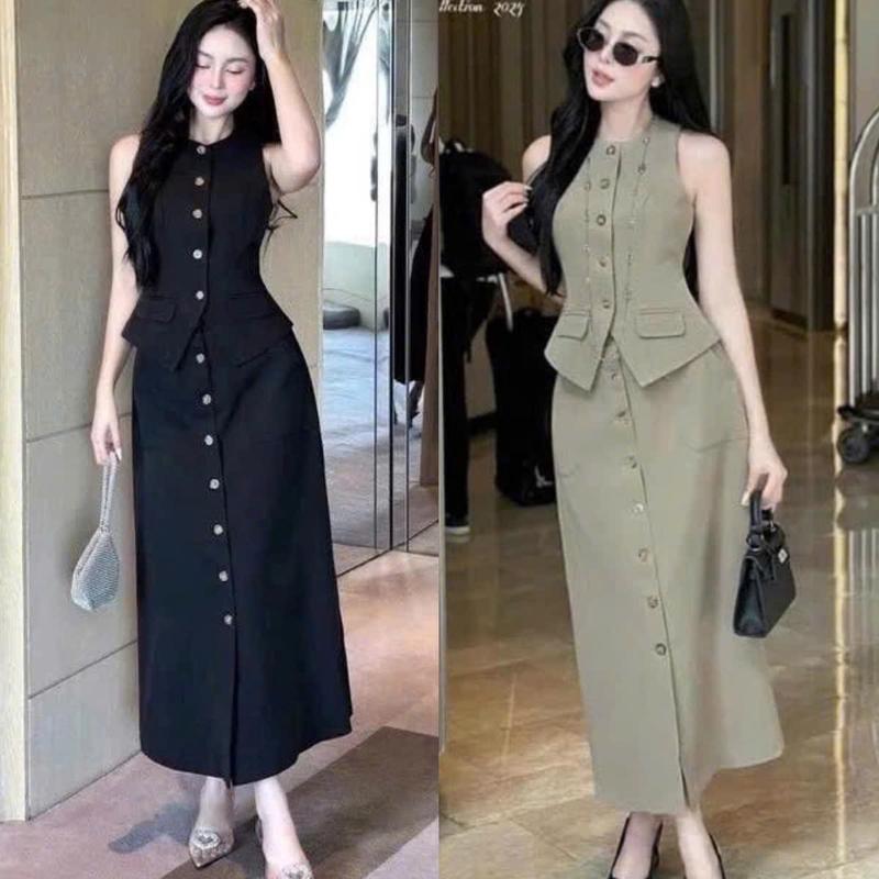 Set áo gile túi nấp trước chân váy dài đính nút chất mango cao cấp vayom  body  tondang drees váy  hở  bạo  tình  dục  lòi  chim  gợi  cảm vaylua đầm  ngắn  dáng  xòe