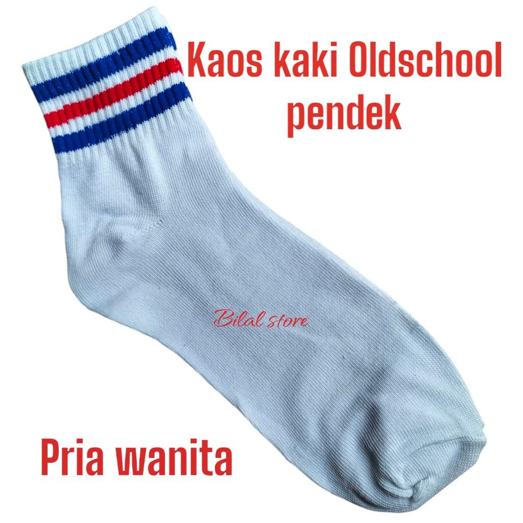 Kaos Kaki Oldschool Putih Strip Garis Tiga Pendek Atas Mata Kaki - 1 Pasang Pria Wanita Katun Nyaman Lembut