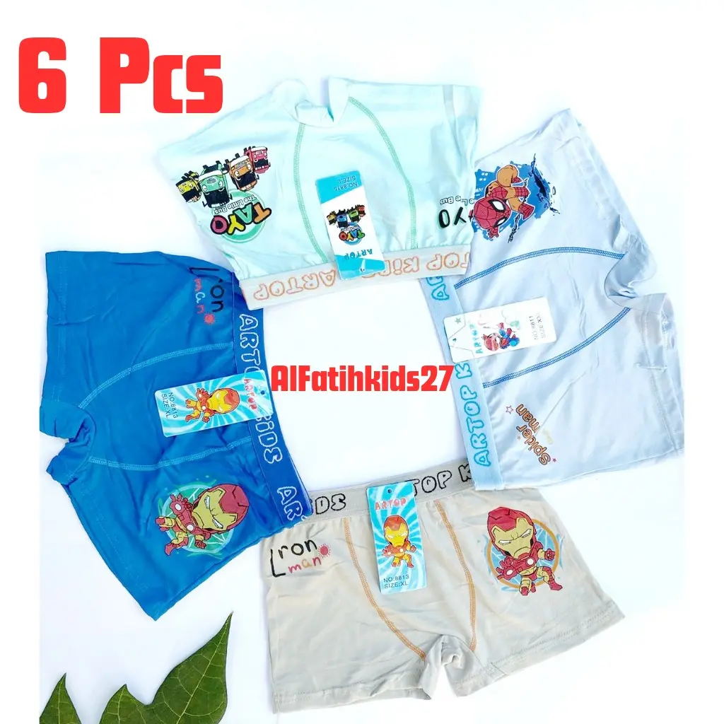 6Pcs Celana Boxer Anak Artop Kids laki laki Usia 3-10 Tahun Fashion Rajut Spandex pakaian dalam
