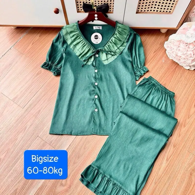 (Bigsize 60-80kg) Bộ tiểu thư cổ bèo màu trơn phối voan chất lụa xước tay ngắn quần dài Nữ Nhung Nho Áo  Quần Ngủ Pijama  Voi Áo Ngủ 0