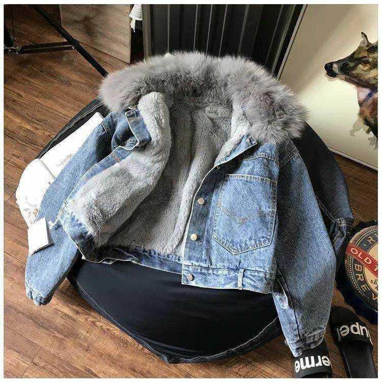 Áo Khoác Denim Lót Lông Cừu Dáng Rộng Cho Nữ, Áo Khoác Denim Cổ Lông Thật Dày, Áo Khoác Jean Đệm Cotton, Mùa Đông, Mới