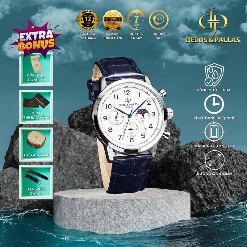 Thụy Sĩ DELOS & PALLAS - Đồng hồ nam S1068 – Chống nước 3ATM, dạ quang, mạ IP, dây da lớp đầu, phong cách doanh nhân, trưởng thành, tinh tế, 3 đồng hồ phụ đếm giờ thể thao và Sun&Moon tiện lợi SHOP VN-2