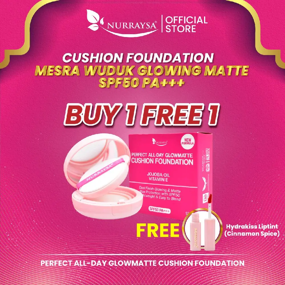 NURRAYSA Perfect All-Day GlowMatte Cushion Foundation | FREE LIPTINT | Foundation, Bedak, SPF50 PA+++, Pelembap & Mesra Wuduk | Full Coverage | Tak Berminyak | Ringan | Tahan Lama | Sesuai Semua Jenis Kulit | Halal | Flawless Finish | Senang Dicuci