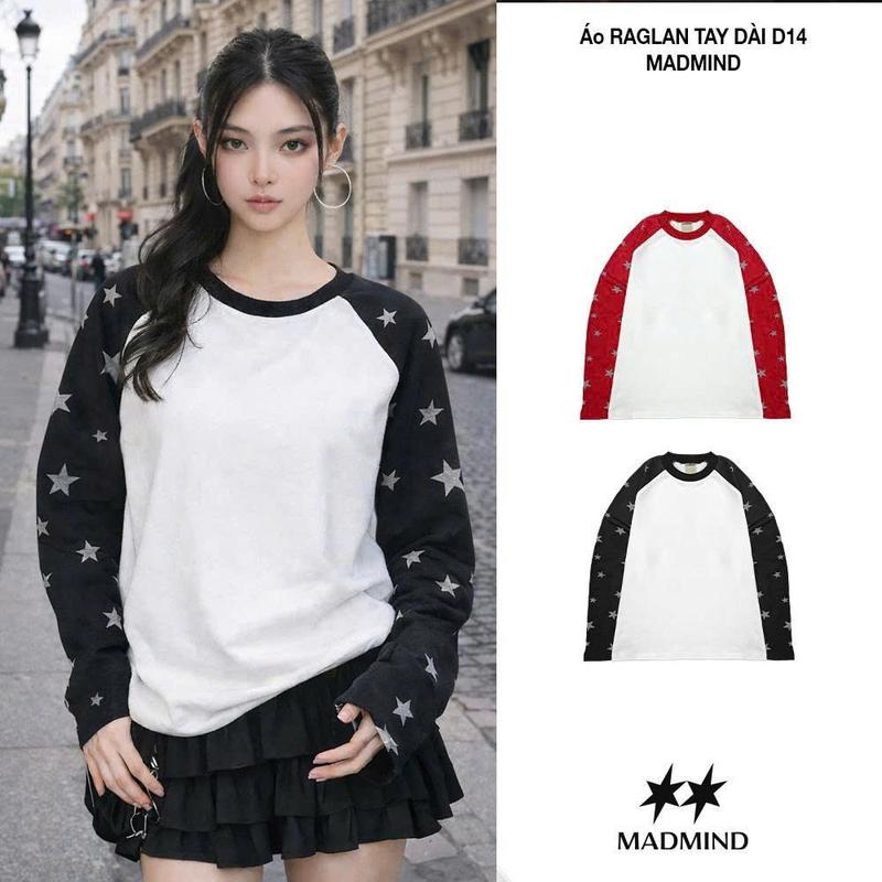DEAL MỞ BÁN Áo Nỉ Raglan Unisex Nam Nữ Tay Dài Hoạ Tiết Ngôi Sao MADMIND D14 - Áo Mặc Mùa Đông Màu Trắng Phối Tay Đen Màu Trắng Phối Tay Đỏ Màu Trắng Phối Tay Xám