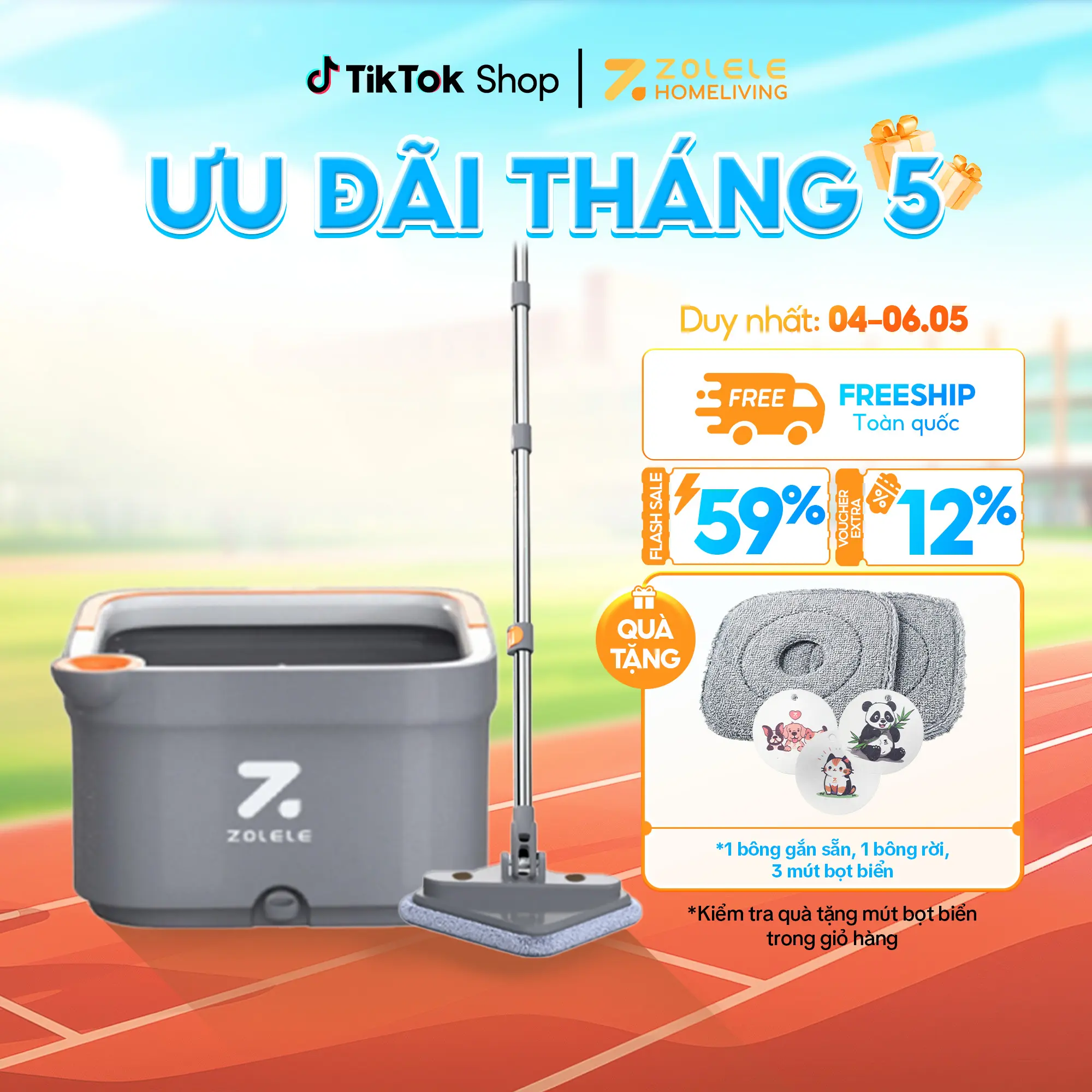 Cây Lau Nhà Tự Vắt Thông Minh, Lau 360 Độ, Tự Vắt 2 Ngăn Tách Riêng Nước Bẩn ZOLELE M16 Giúp Lau Sàn Làm Sạch