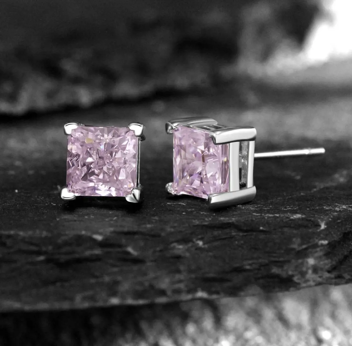 Princess Square Simulation High Carbon Diamond drill Ice Flower Cut Stud Earrings Four-Claw S925 Silver Simple Plated Platinum