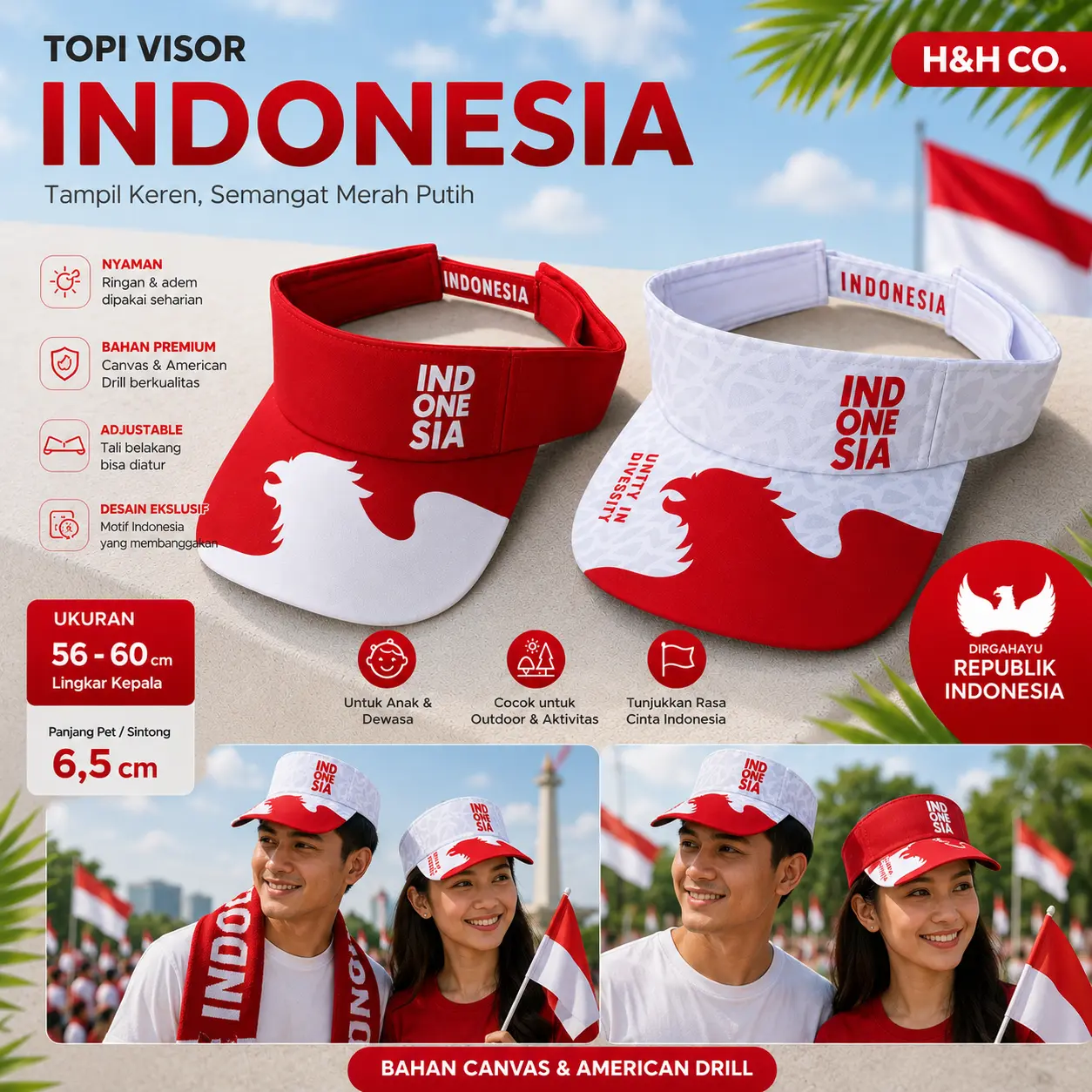 Dirgahayu Topi Golf Zumba Republik Indonesia Outdoor Pria Wanita Topi Olahraga Sport Termurah Adjustable 55-60cm Polyester Merah Putih