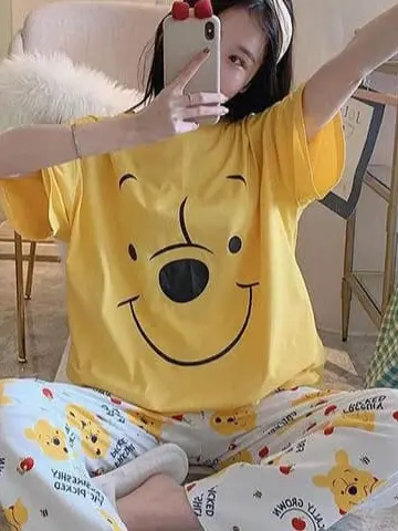 Piyama Baju Tidur Wanita Model Kaos Lengan Pendek dan Celana Panjang dengan Motif Kartun Lucu - Bahan Lembut -T010 2
