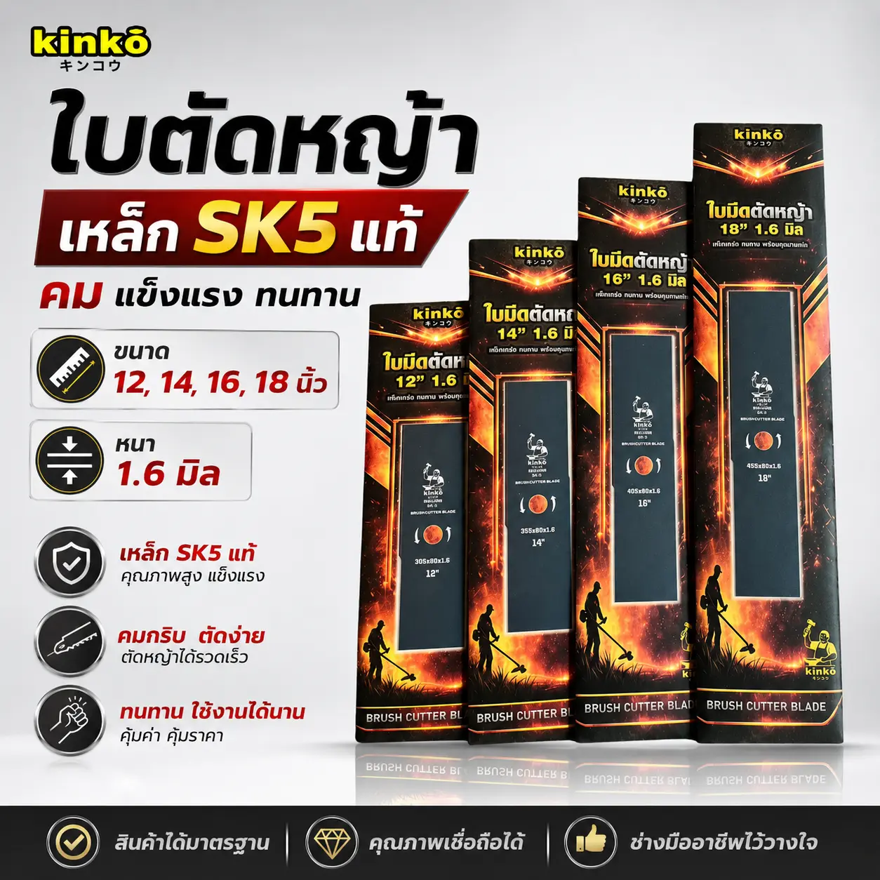 ใบตัดหญ้าปังตอ ใบตัดหญ้าเหล็ก SK-5แท้ หนา1.6มิล รุ่นคมพิเศษ  ขนาด 12" 14" 16"18" นิ้ว