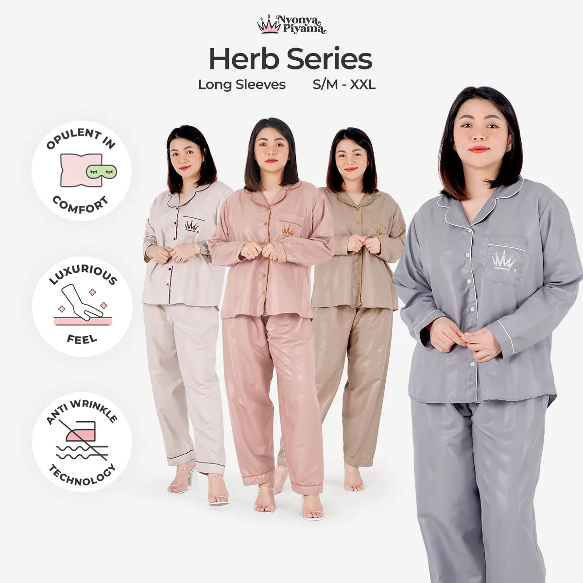 [BEST SELLER] Nyonya Piyama Poly Bamboo Set Piyama Lengan Panjang (Polos Herb Series) Baju Celana  Nyaman  Santai  Setelan  Wanita  Tidur  Dewasa  Casual Polos Musim dingin Santai Setelan