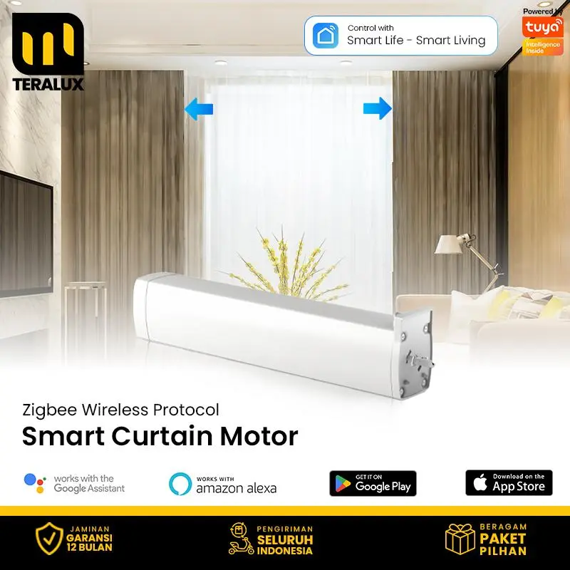 Teralux Smart Curtain Motor Zigbee Motorized Control Remote Otomatis Tuya Smartlife dengan Protokol Wireless Zigbee Kompatibel dengan Google Assistant dan Amazon Alexa