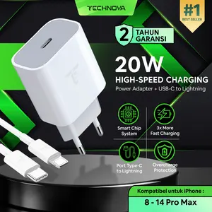 [GARANSI 2 TAHUN] TECHNOVA Charger For iPhone 20W Fast Charging USB-C to Lightning 1 Set Adapter + Kabel