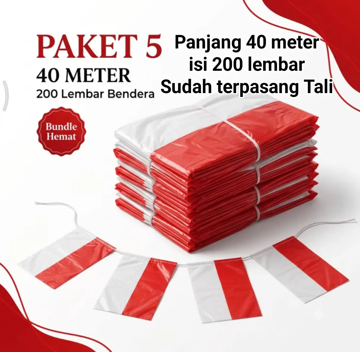 (200Biji) Panjang 40 meter Bendera plastik merah putih / Bendera renteng Tali