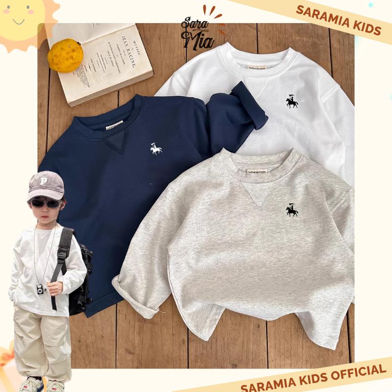  AT13-Áo thun dài tay hình thêu ngựa cho bé SARAMIA KIDS áo thun dài form rộng cotton 2 chiều cao cấp mặc thu đông 