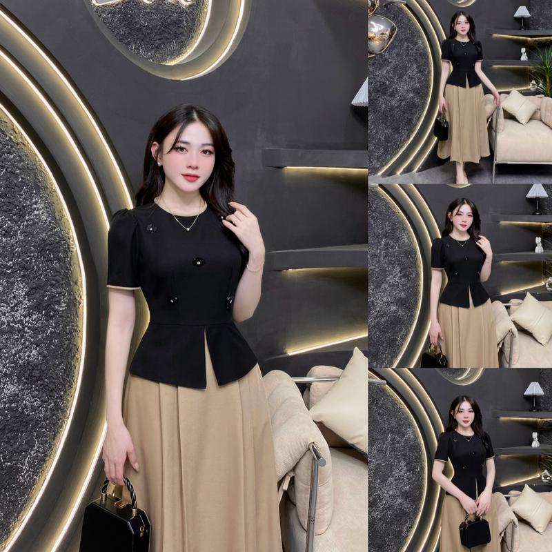  D86 - Váy Thiết Kế Evii dành cho nữ Đầm thiết kế cổ tròn  tặng kèm 5 hoa cài  Peplum cách điệu liền thân dáng A xếp ly dài phù hợp đi làm đi chơi và đi dự tiệc. Có Bigsize Women Dress 