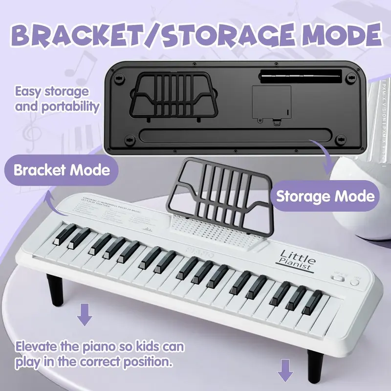 37 Keys Kids Piano Keyboard, Portable White Electronic Music Toy for Toddlers Ages 2-6, Educational Instrument with Songbook Stickers, Birthday Christmas Gifts for Boys Girls 1