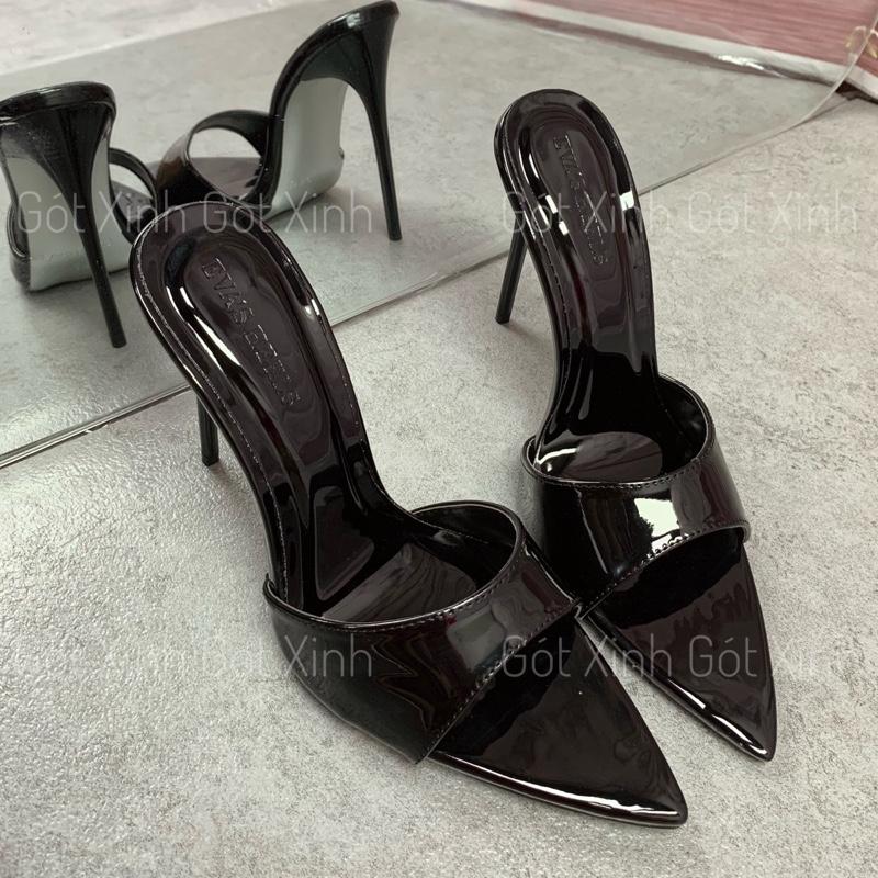 GIÀY GÓT XINH - Dép cao gót da bóng đen mũi nhọn cao 8 9 11 12cm (DD)shoes sandal