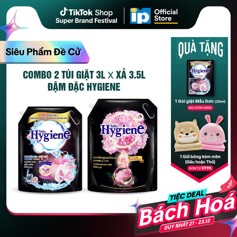  Combo Túi Nước Giặt Đậm Đặc Hygiene 3L x Nước Xả Vải Đậm Đặc Hygiene 3.5L - Hương Hoa Mẫu Đơn 